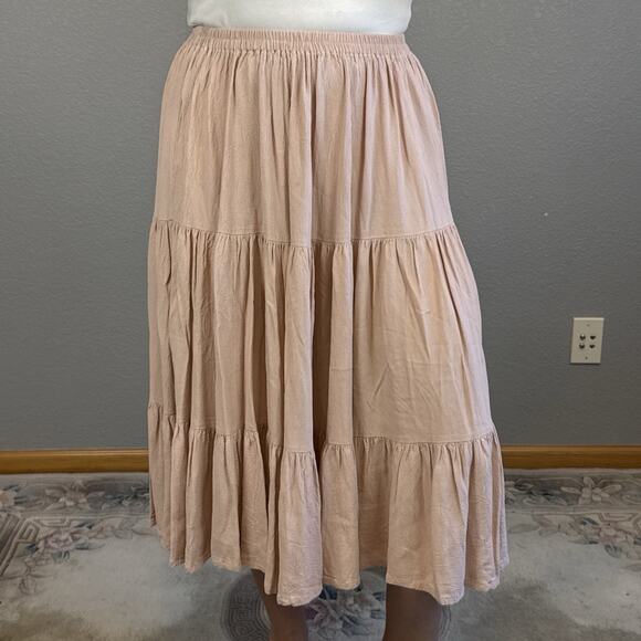 Double D Ranch Tiered Broomstick Midi Skirt Size M Blush Pink Crepe Western Boho - Picture 1 of 5